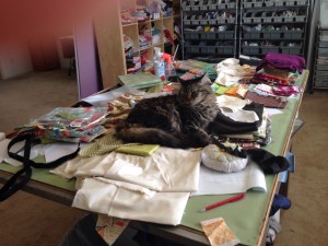 ...and on the worktable. Please do not disturb Pauline. He is testing my fabric quality.